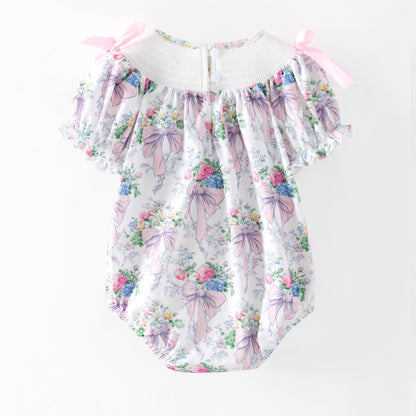 Spring Summer Pink Bow Floral Smock Embroidery Dress & Romper