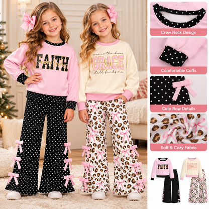Girls Fall Winter Long Sleeve Wide Leg Pants Set – Cow Print, Leopard, Pink Bow & Faith Graphic Two-Piece Outfit