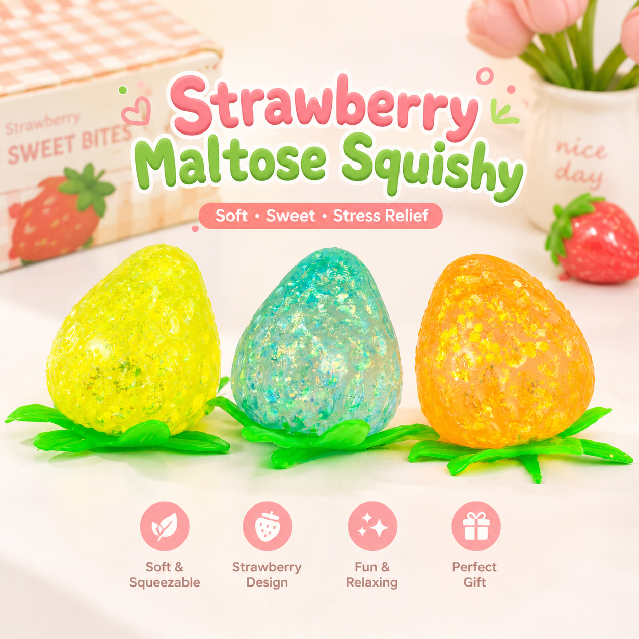 Glitter Strawberry Maltose Squishy Stress Toy | Jelly Sensory Fidget Toy | Slow Stretch Squeeze Toy | Random Colors
