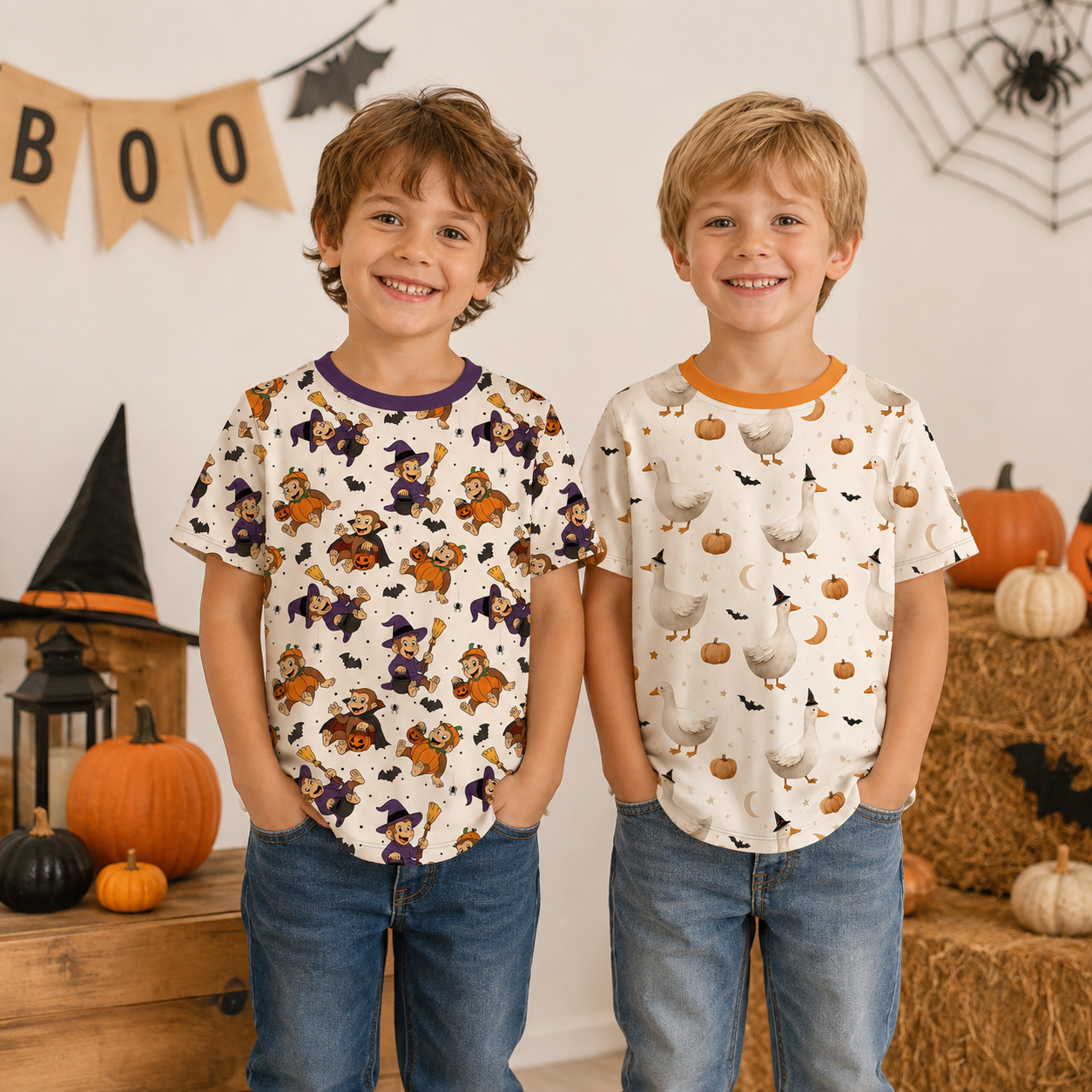 Boys Halloween Graphic Print Short Sleeve T-Shirt – Pumpkin Witch Duck Fall Tee