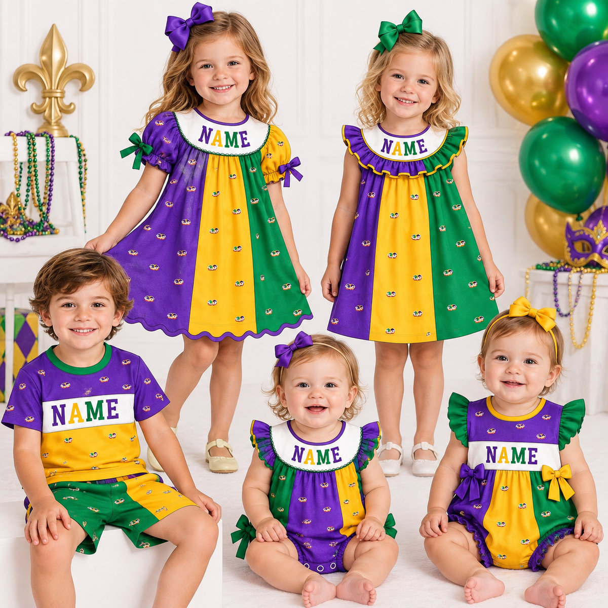 Personalized Mardi Gras Smocked Embroidery Sibling Outfits – Girls Dresses, Baby Rompers & Boys Set