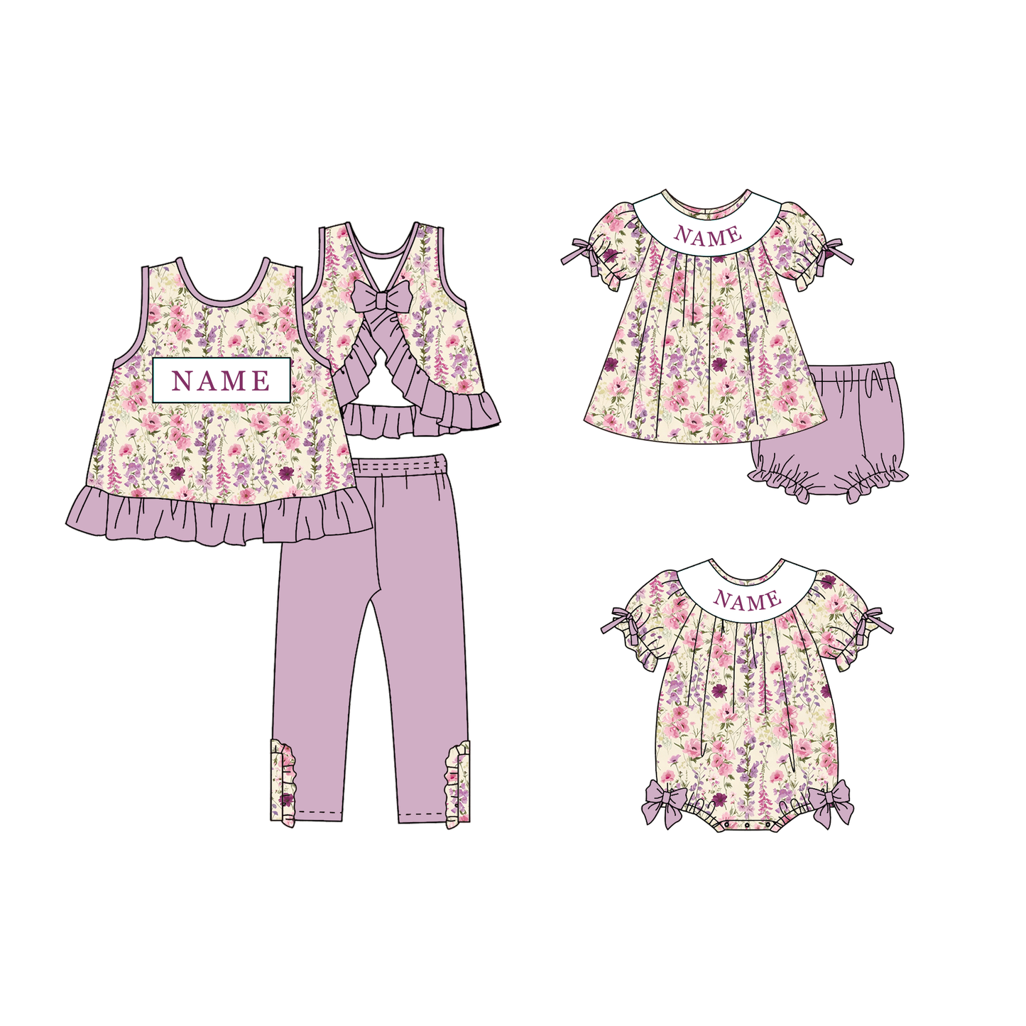 Personalized Floral Smocked Embroidery Girls Sibling Set – Custom Name Ruffle Outfit & Baby Romper