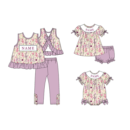 Personalized Floral Smocked Embroidery Girls Sibling Set – Custom Name Ruffle Outfit & Baby Romper