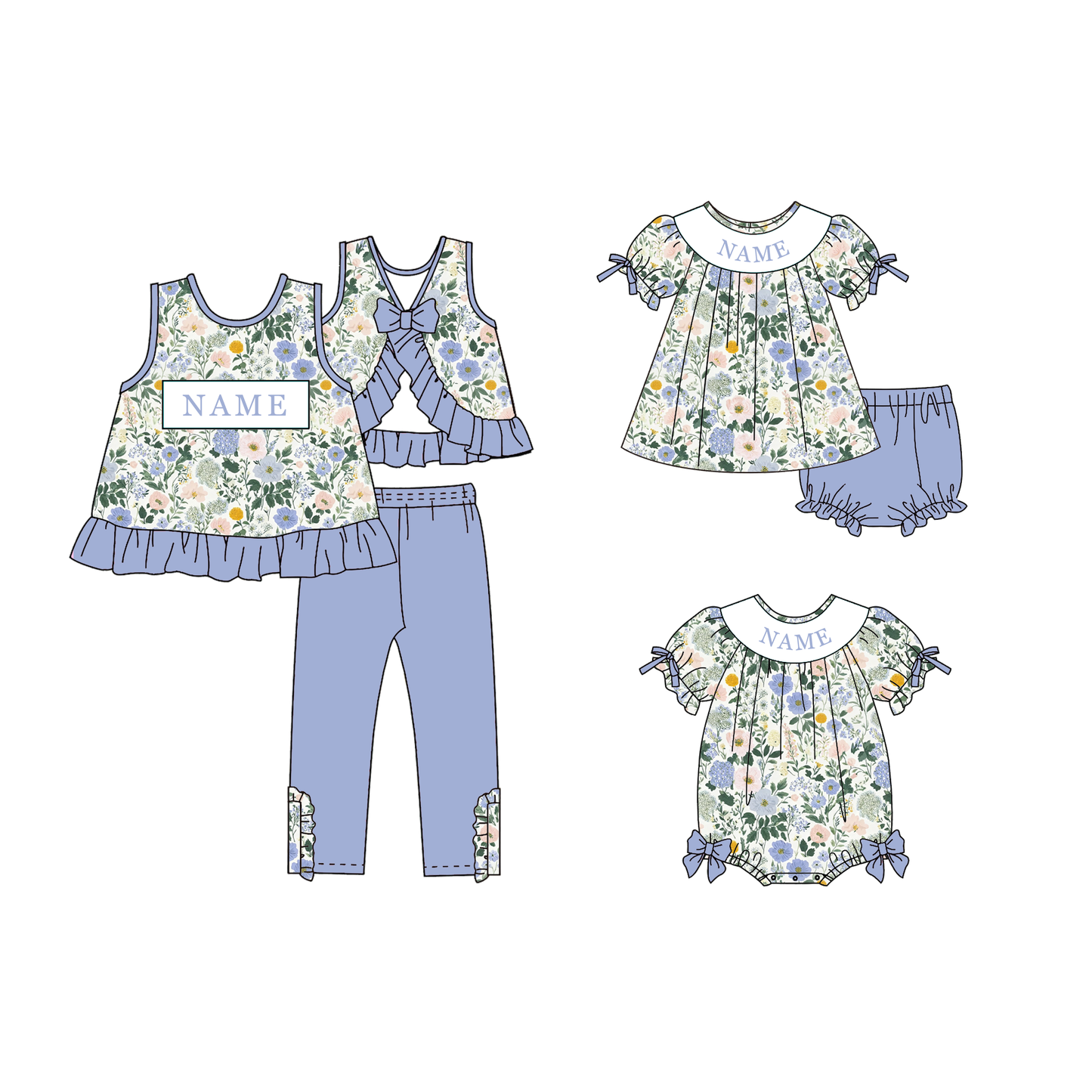 Personalized Blue Floral Smocked Embroidery Girls Sibling Set – Custom Name Ruffle Outfit & Baby Romper