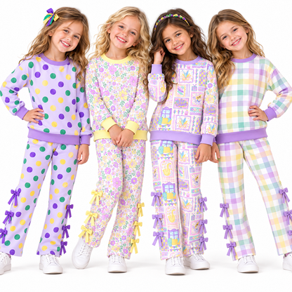 Girls Fall Winter 2-Piece Outfit Set – Colorful Polka Dot Floral Print Sweatshirt & Bow Wide Leg Pants