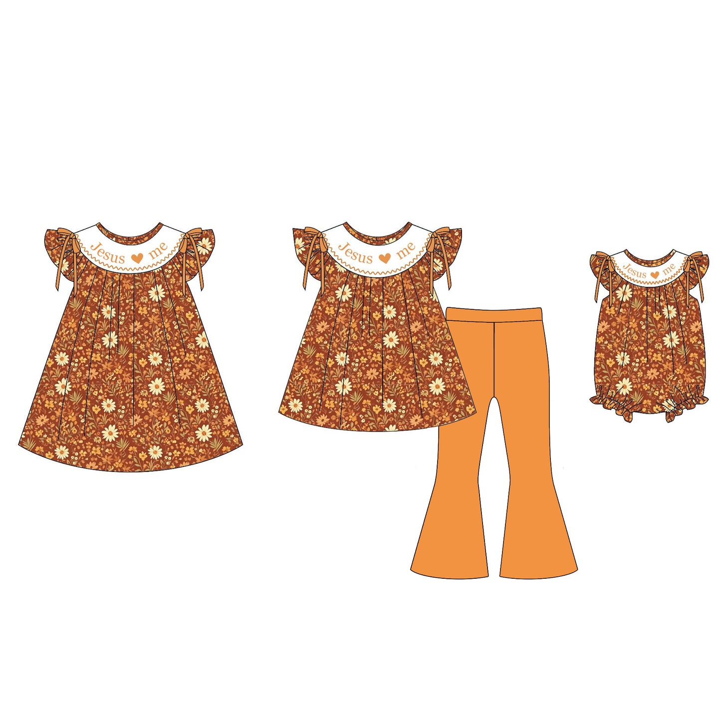 Faith-Inspired "Jesus Loves Me" Fall Collection | Girls Dress, Bell Bottom Set & Bubble Romper | Christian Autumn Boutique Outfit
