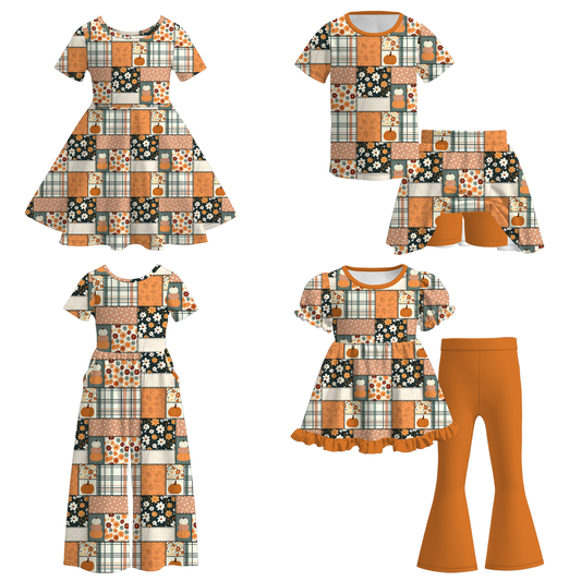 Halloween Pumpkin Patchwork Collection | Matching Family Outfits | Girls Dress, Ruffle Pant Set, Wide-Leg Jumpsuit & Boys Short Set