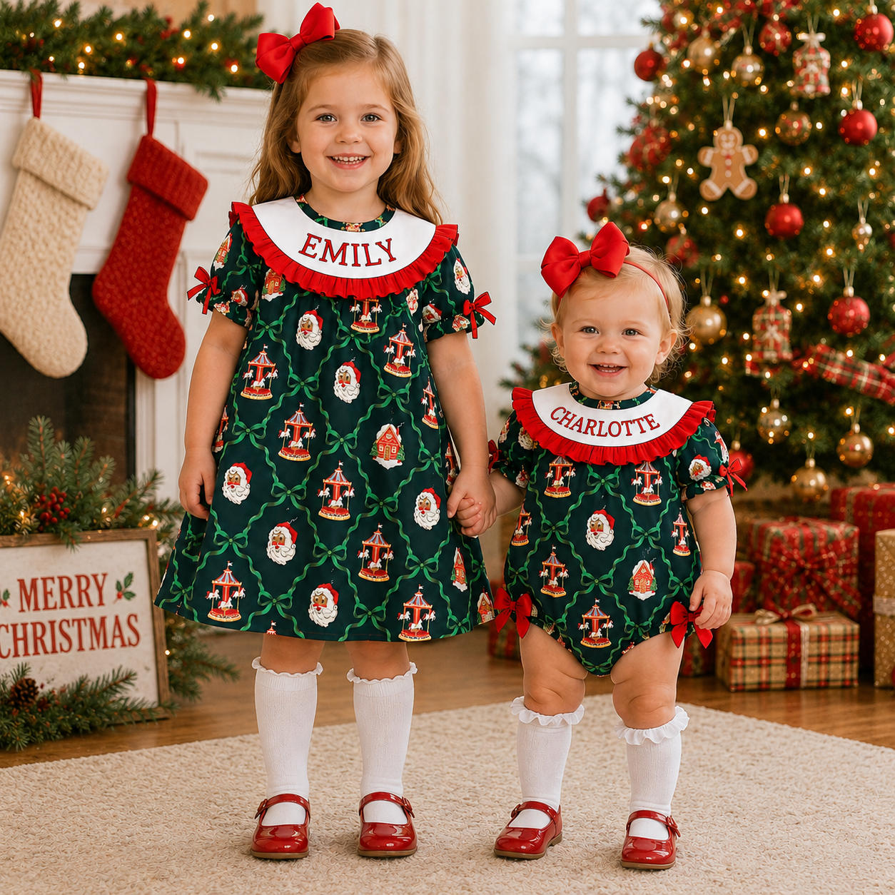 Personalized Christmas Santa Smocked Sister Matching Outfit – Girls Dress & Baby Romper