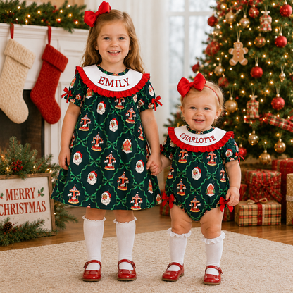 Personalized Christmas Santa Smocked Sister Matching Outfit – Girls Dress & Baby Romper