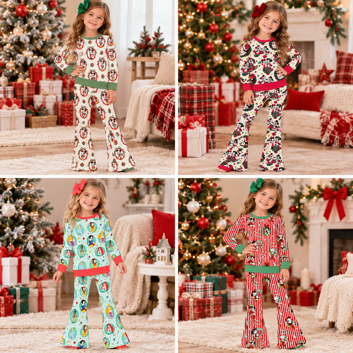 Girls Christmas Character Print Two-Piece Outfit – Long Sleeve Top & Flare Pants Holiday Set