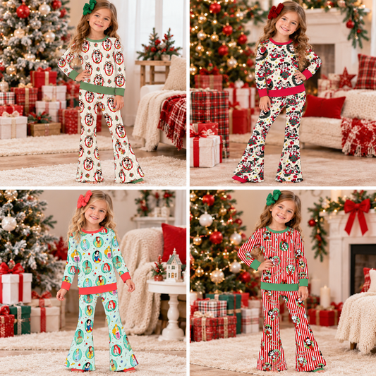 Girls Christmas Character Print Two-Piece Outfit – Long Sleeve Top & Flare Pants Holiday Set