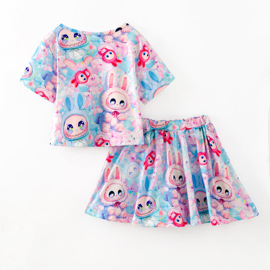 Girls Cartoon Monster Cute Print Skirt Set
