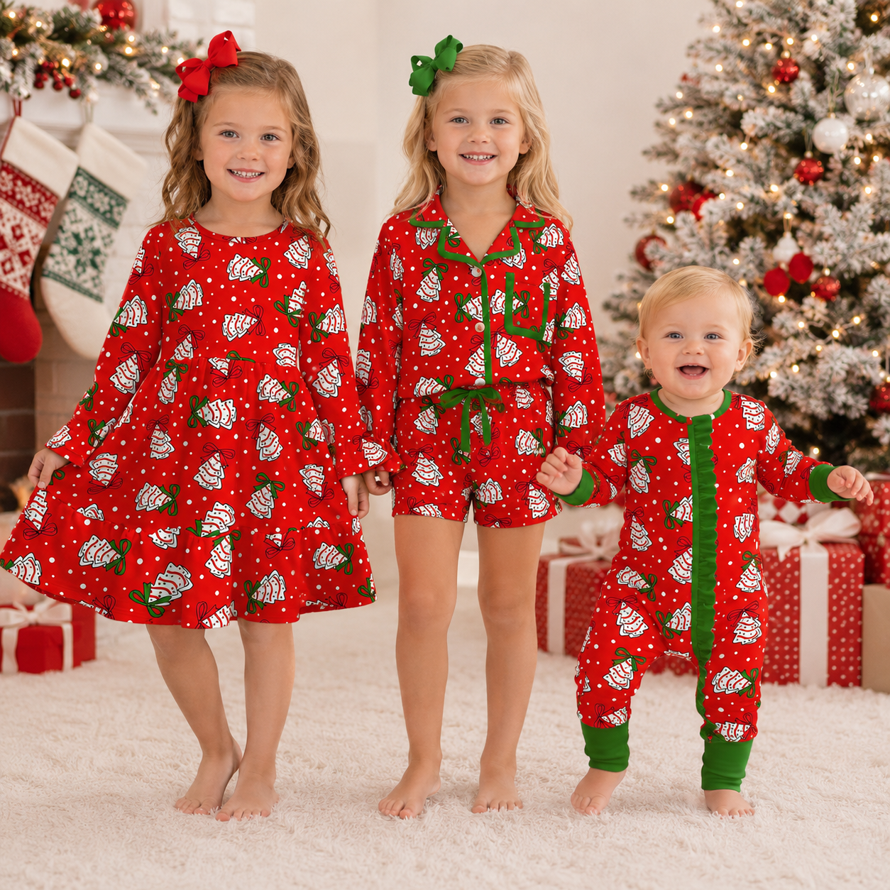 Christmas Matching Kids Pajama Collection – Holiday Tree Print Dress, Romper & Two-Piece Set