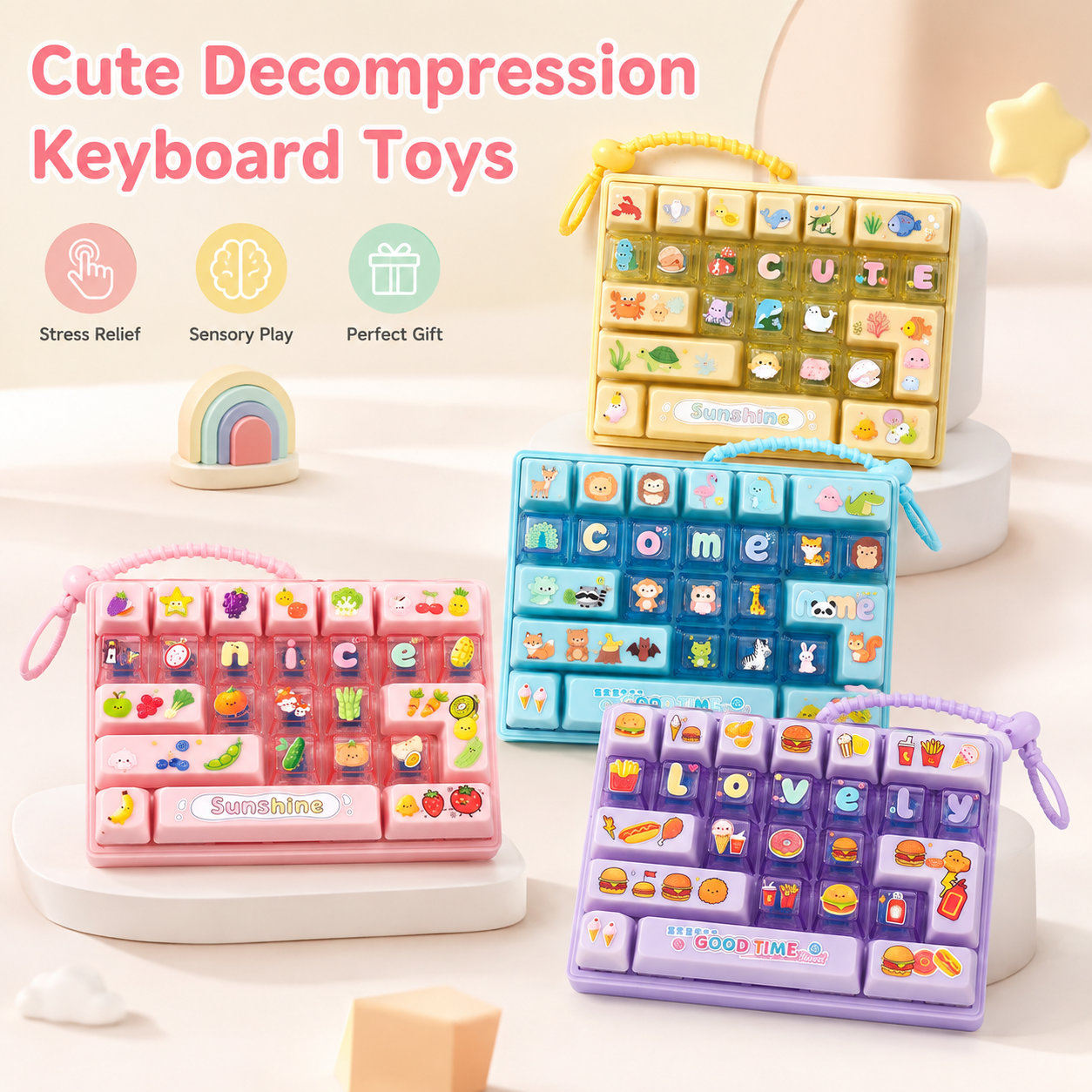 Fidget Decompression Keyboard Stress Relief Toy Colorful Keycap Sensory Charm