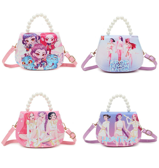 K-POP Demon Hunters Anime Print Kids Crossbody Bag with Pearl Handle & PU Strap