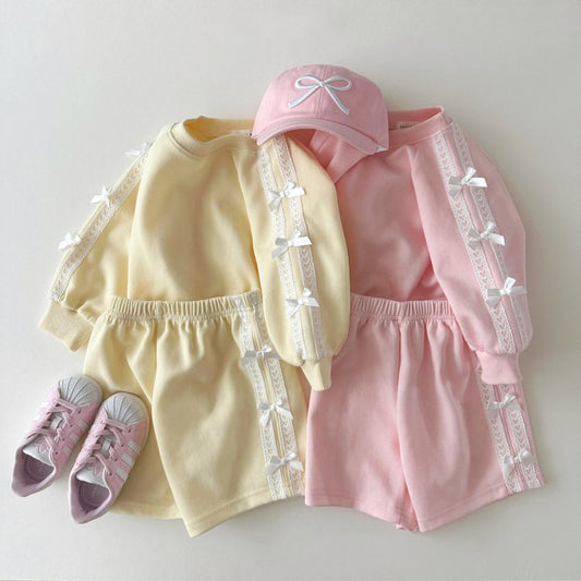 Girls Long Sleeve Top & Shorts Set Cute Bow Detail Two Piece Outfit for Toddlers & Kids