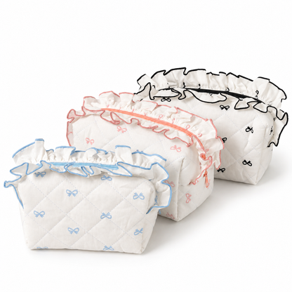 Diamond Quilted Ruffle Floral, Bow Print Makeup Cosmetic Bag – Toiletry & Travel Pouch