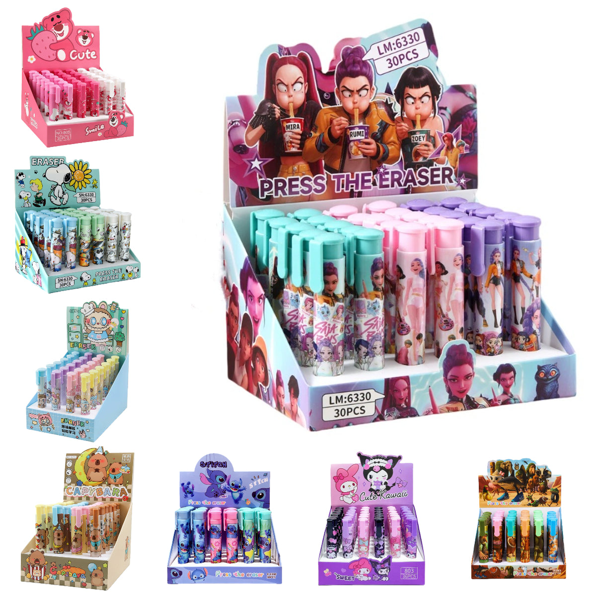Press-to-Advance Mechanical Eraser Set Character Themed Pencil Erasers in Storage Case