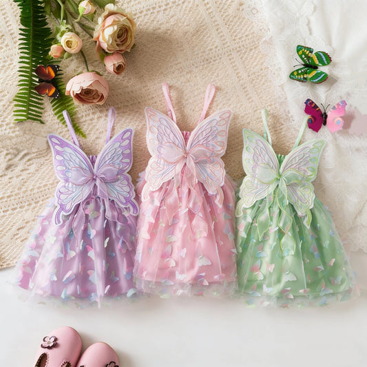 Girls Butterfly Wing Tulle Dress Smocked Spaghetti Strap Party Dress