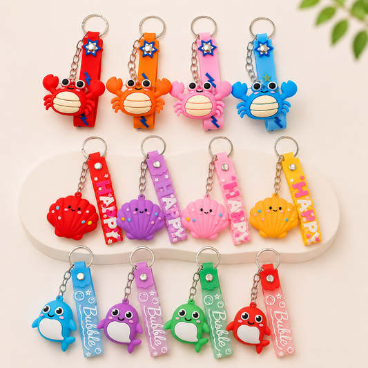 Cute Ocean Friends Silicone Keychain Set – Crab, Shell & Shark, 4-Piece Color Set