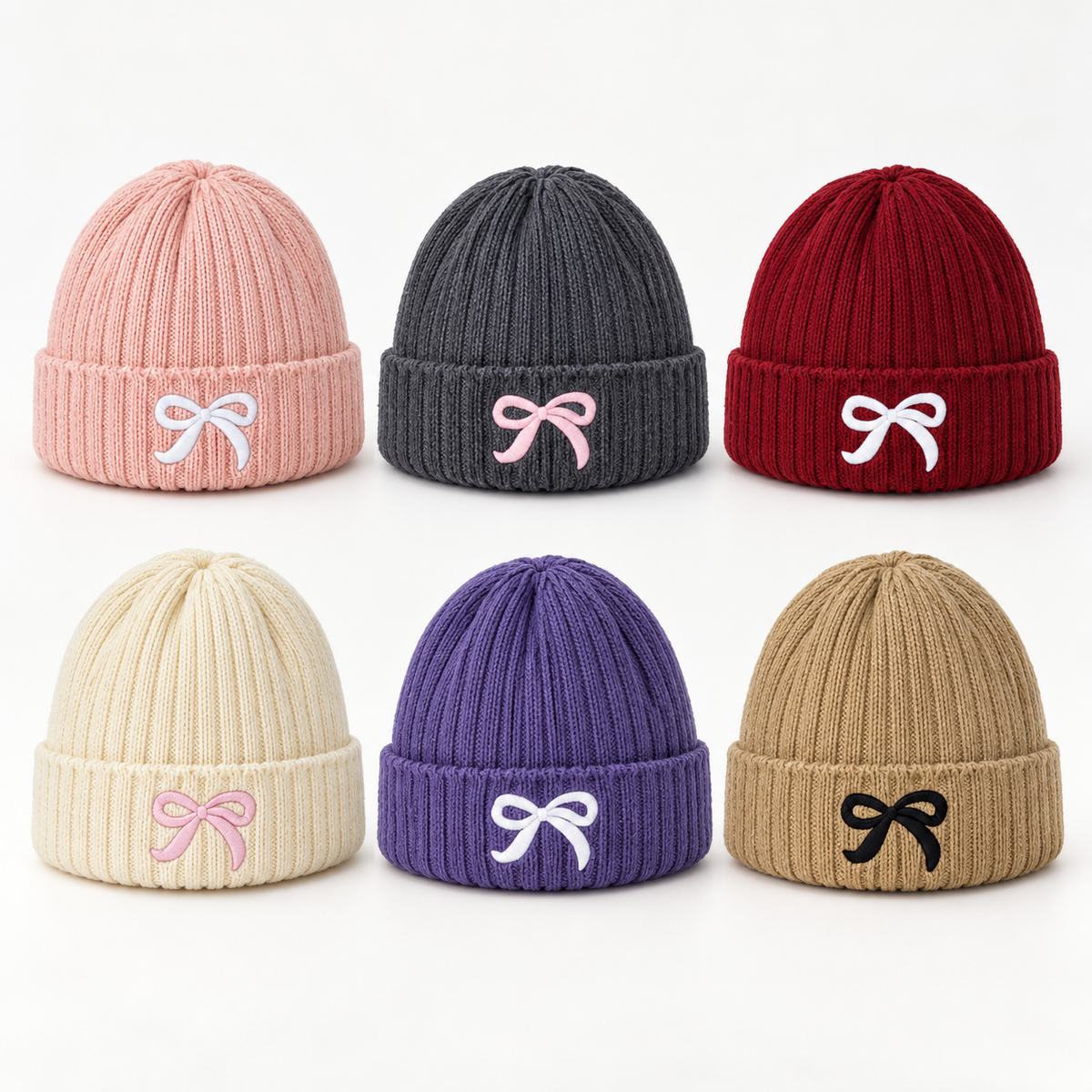 Girls Bow Embroidered Knit Beanie – Ribbed Cuffed Winter Hat, Ages 3–10