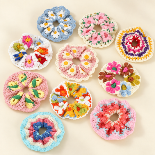 Handmade Crochet Hair Scrunchies – Floral & Colorful Designs, Boho Hair Ties for Ponytails & Buns