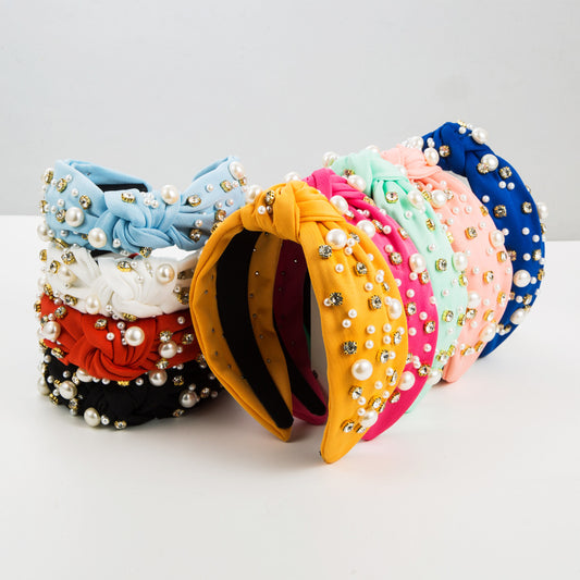 Wide Knotted Headband with Pearls & Rhinestones Padded Fashion Hair Band for Women & Girls