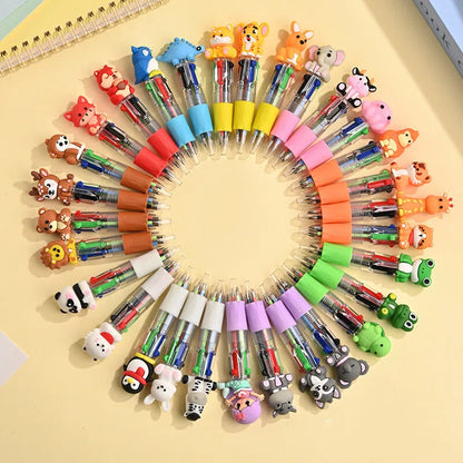 Back to School Animal Silicone 4-Color Mini Retractable Ballpoint Pen Cartoon Gel Grip Writing Pen