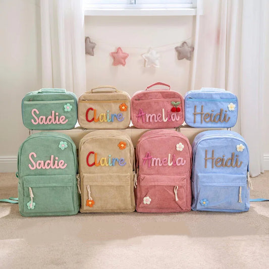 Personalized Corduroy Backpack Lunch Bag Custom Chenille Letter Bag with Charms
