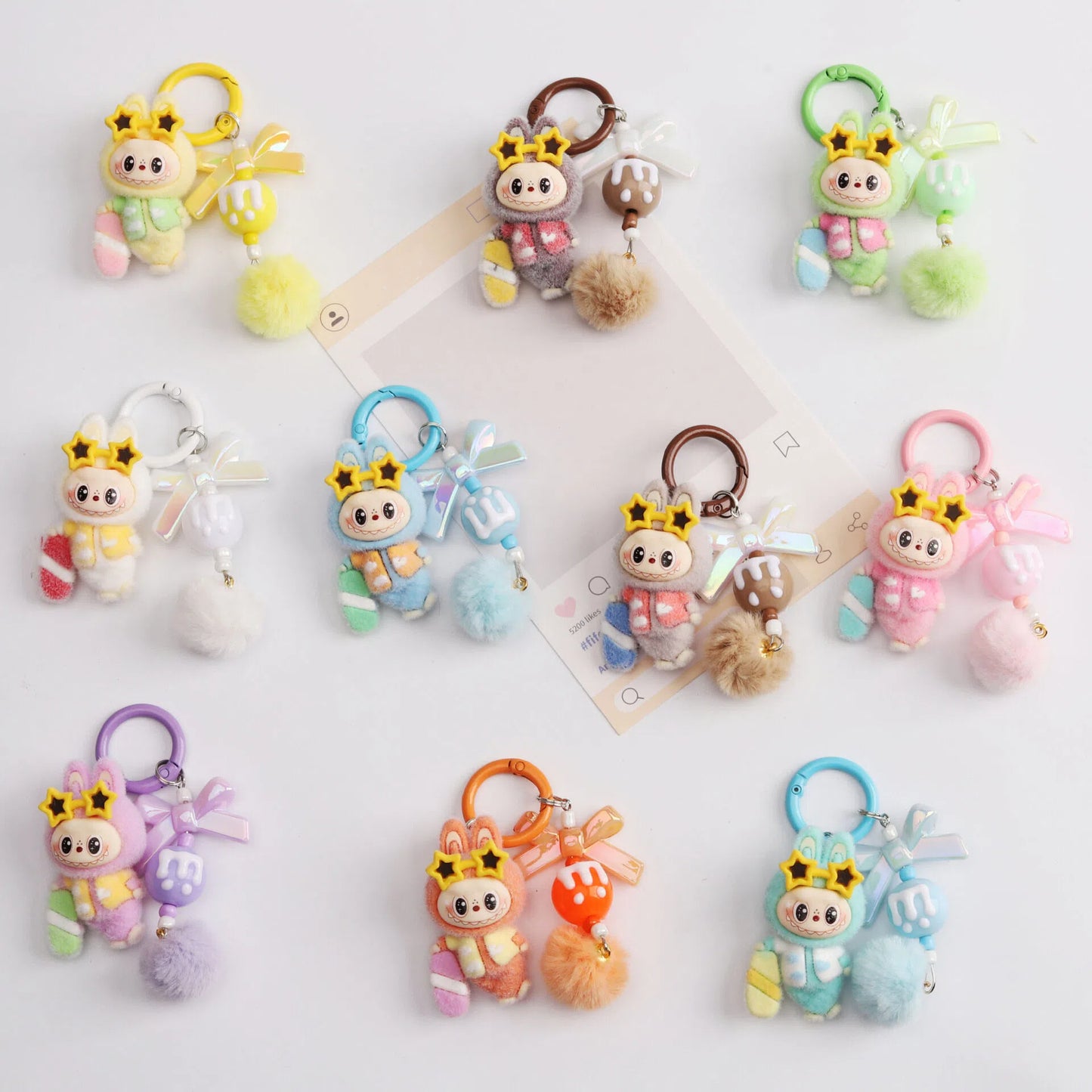 New Flocked Surfboard Sunglasses Labubu Beaded Keychain Cute Charm Bag Pendant Accessory