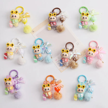 New Flocked Surfboard Sunglasses Labubu Beaded Keychain Cute Charm Bag Pendant Accessory