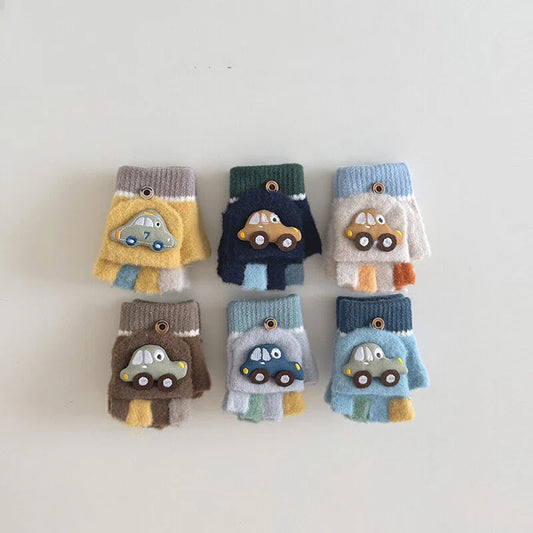 Toddler Boys Fingerless Winter Gloves Cute Car Design Warm Knit Mittens