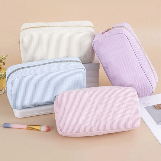 Corduroy Striped Makeup Bag Portable Toiletry Storage Pouch
