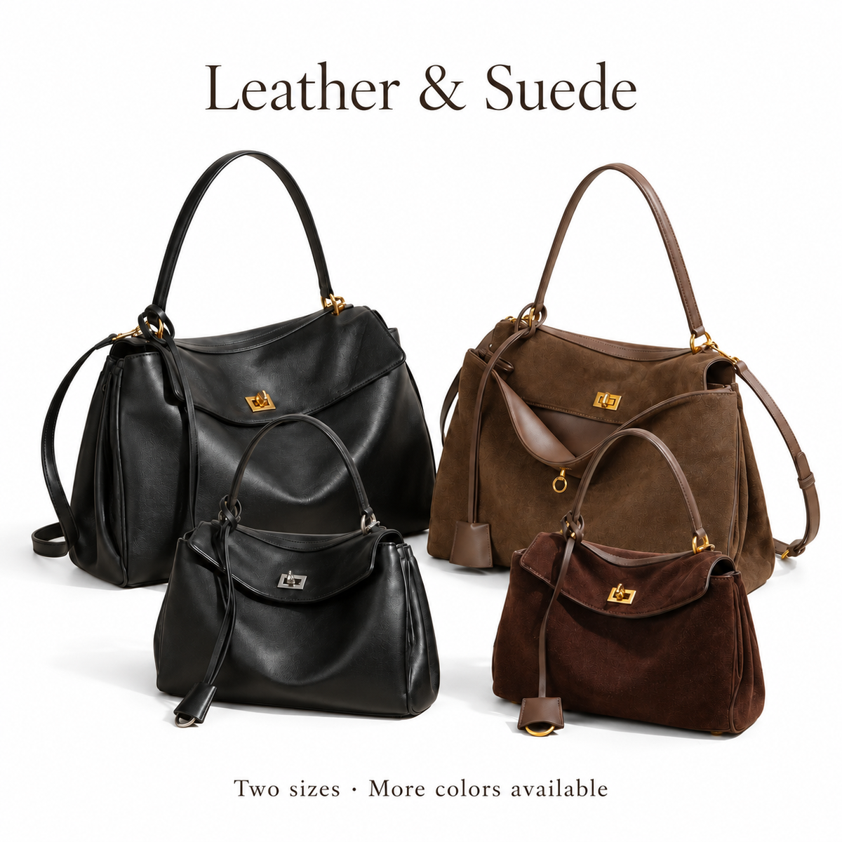 Slouchy Turn-Lock Shoulder Bag in Leather or Suede