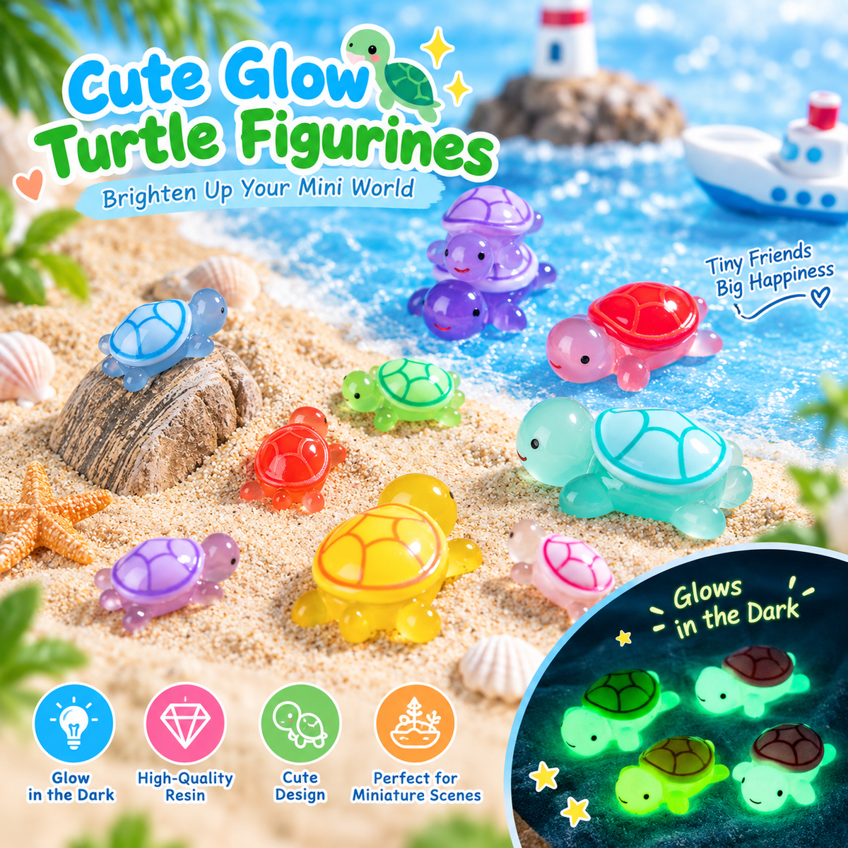 Glow-in-the-Dark Resin Turtle Figurines – 10-Color Set