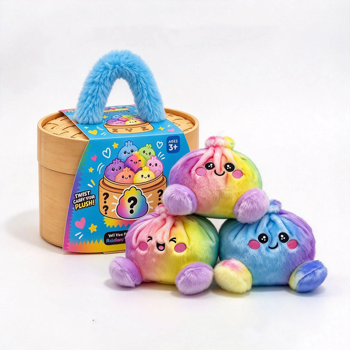 Colorful Dumpling Plush Toy – Cute Smiling Stuffed Bun with Optional Bamboo Steamer Gift Box