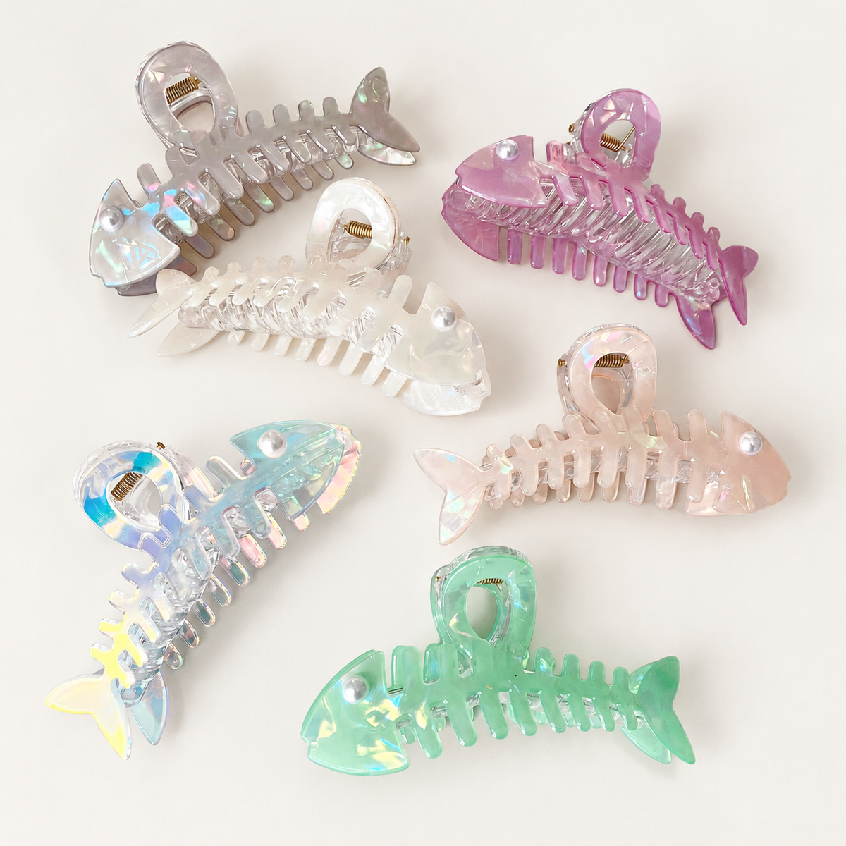 Iridescent Fishbone Hair Claw Clip – Acetate-Look Fish Skeleton Clip with Faux Pearl Eye