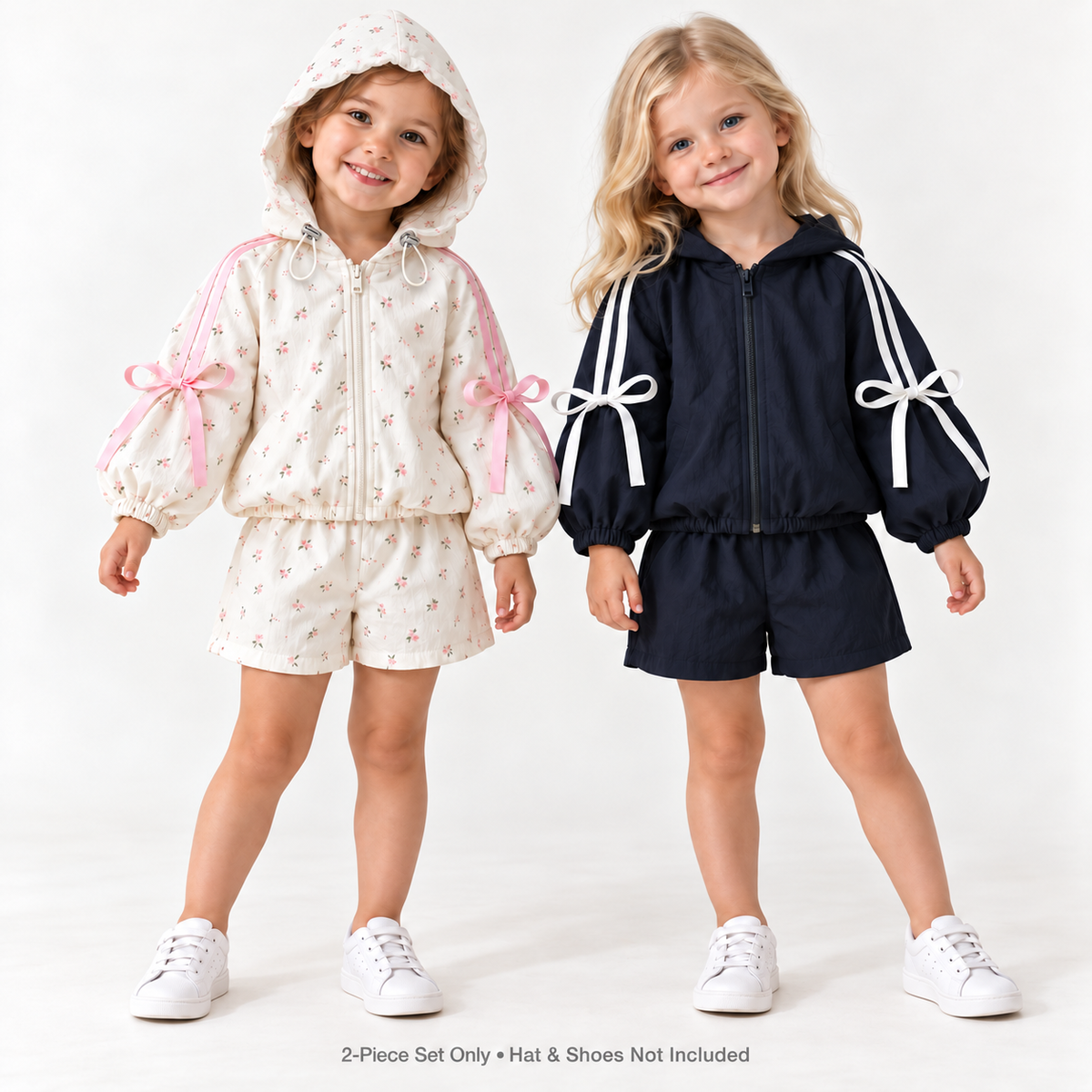 Girls Cotton Hooded Jacket & Shorts Set – Bow Detail Two-Piece Outfit, Floral or Navy