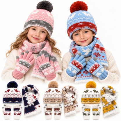 Kids’ Winter Hat, Scarf & Gloves 3-Piece Set – Pom-Pom Knit Beanie with Reindeer & Snowflake Patterns for Boys & Girls