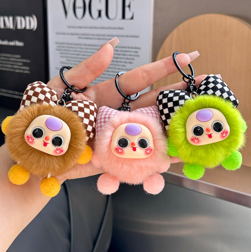 Rabbit Fur Bow Soot Sprite Keychain Cute Cartoon Doll Bag Charm Car Key Pendant