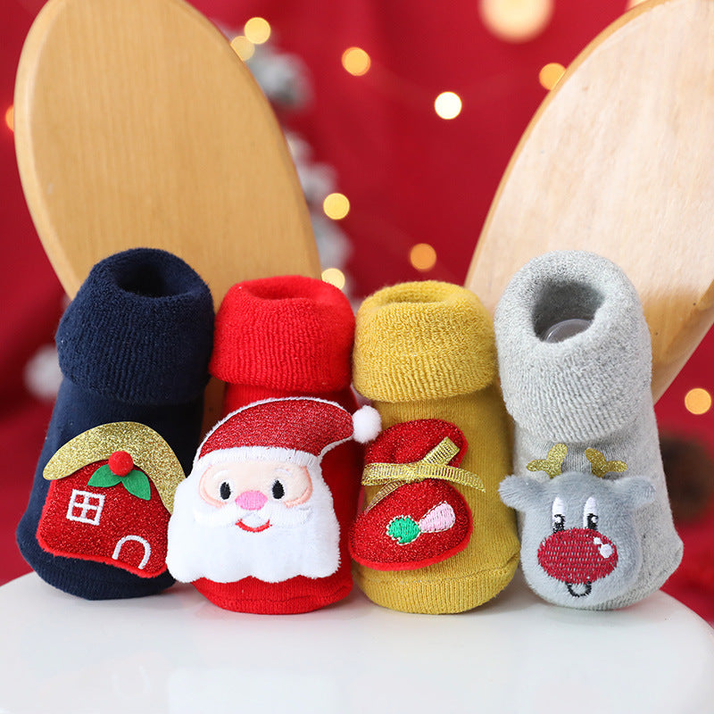Newborn Baby Christmas Socks Red Combed Cotton Thick Fleece-Lined Non-Slip Floor Socks Winter