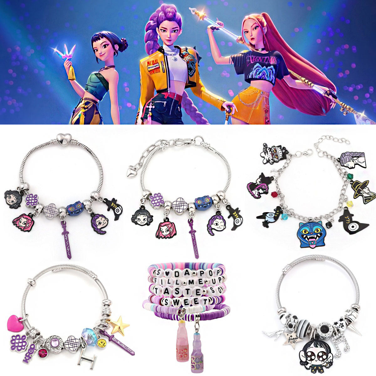K-Pop Demon Hunters Bracelet Set Mixed Metal Braided Cord & Colorful Seed Bead Bracelets