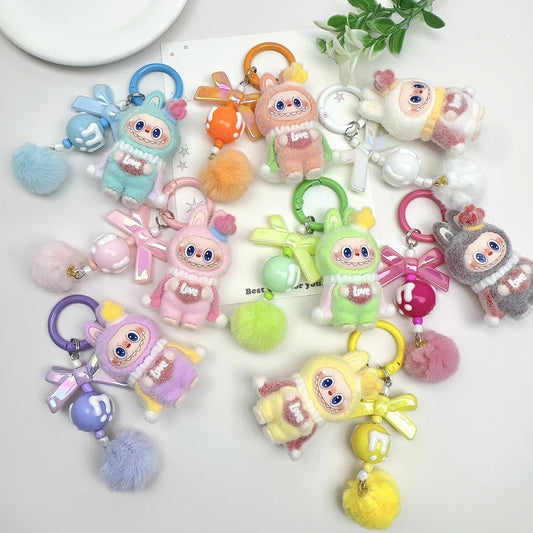 Flocked Labubu King Figure Desktop Ornament KPOP Anime Collectible Toy Decoration Keychain