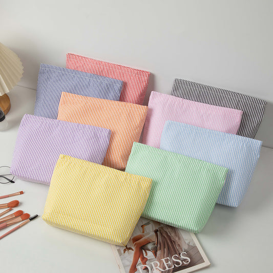 Seersucker Striped Cosmetic Bag Travel Makeup Toiletry Pouch