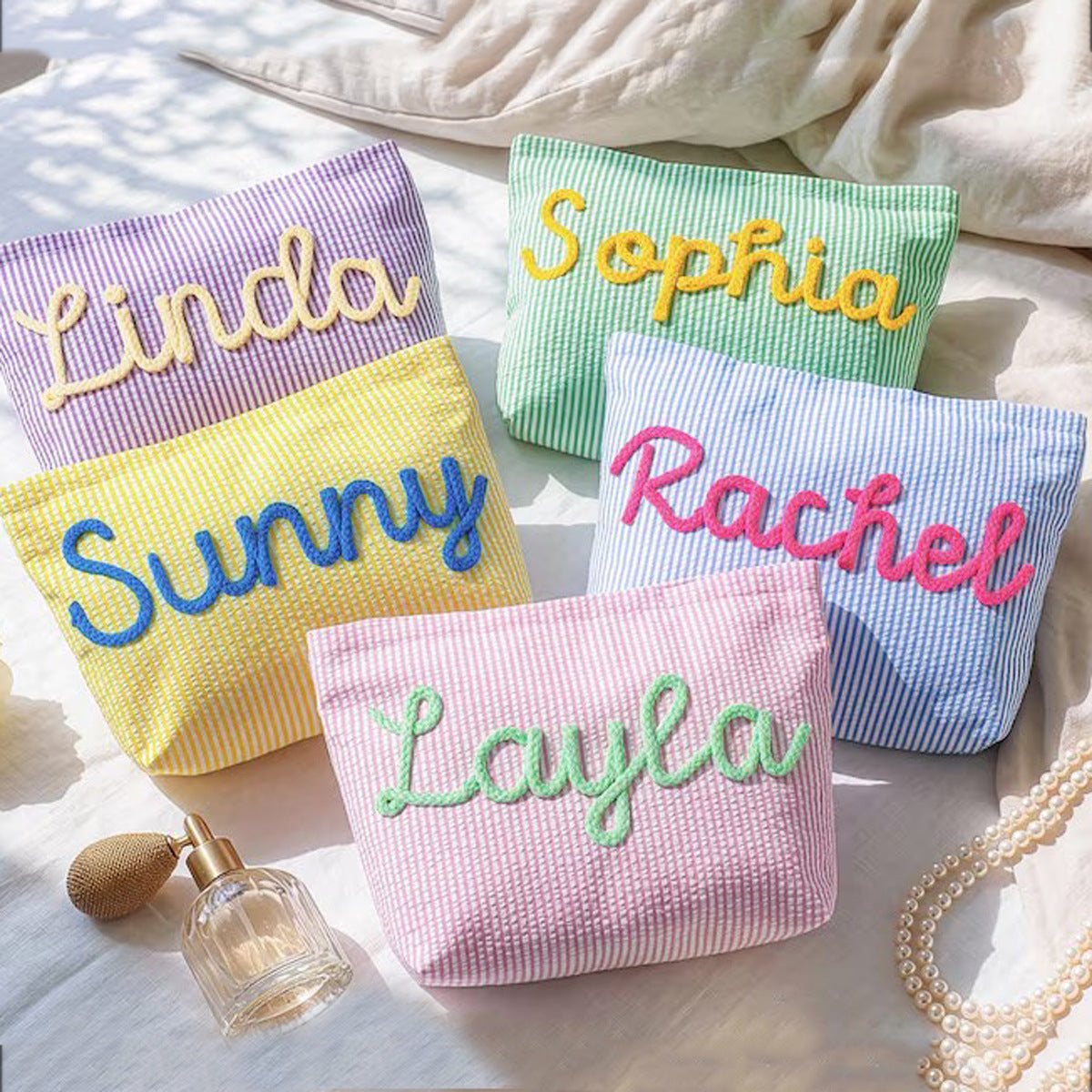 Personalized Yarn Embroidered Striped Seersucker Cosmetic Bag – Custom Name Pouch
