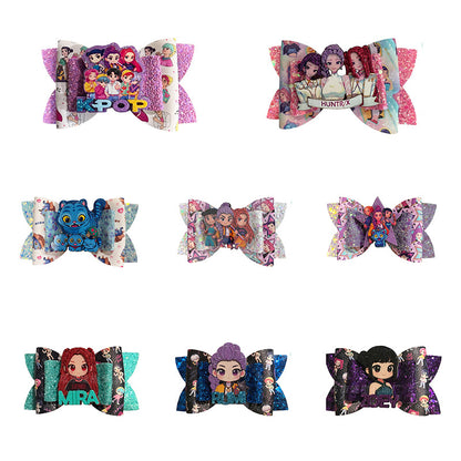 K-Pop Demon Hunters Glitter Bow Hair Clips, Cute Cartoon Character Barrettes for Girls
