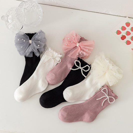 Girls Sweet Ruffle Crew Socks with Pearl Bow, Soft Combed Cotton Socks