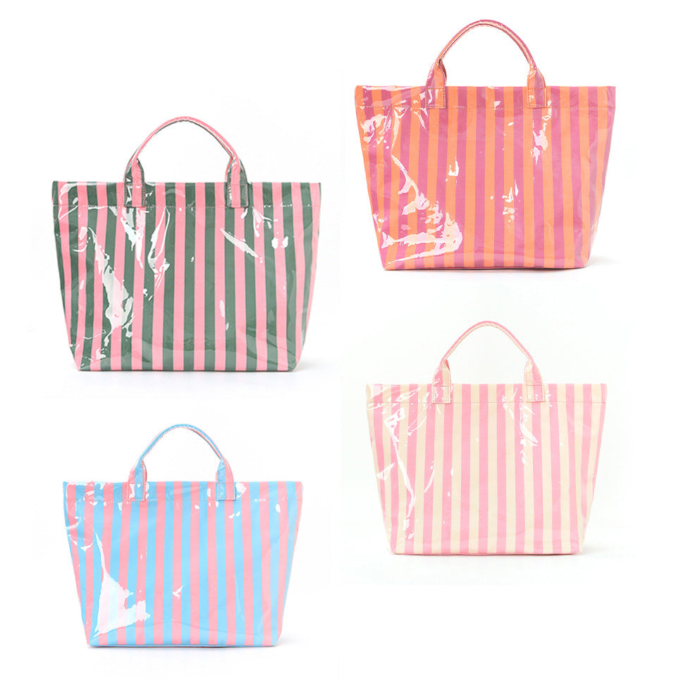 Large Striped Tote Bag – Lightweight PVC Shoulder Bag for Travel, Work & Daily Use
