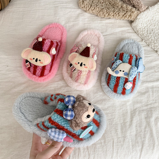 Kids Plush Slippers Winter Cartton Stuffed Doll Stripe Unisex Cozy Non-Slip  Slide Mule Slippers