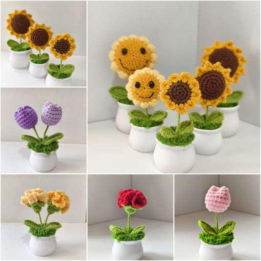Handmade Knitted Flower Pot – Yarn Sunflower, Carnation & Tulip Desk Decor